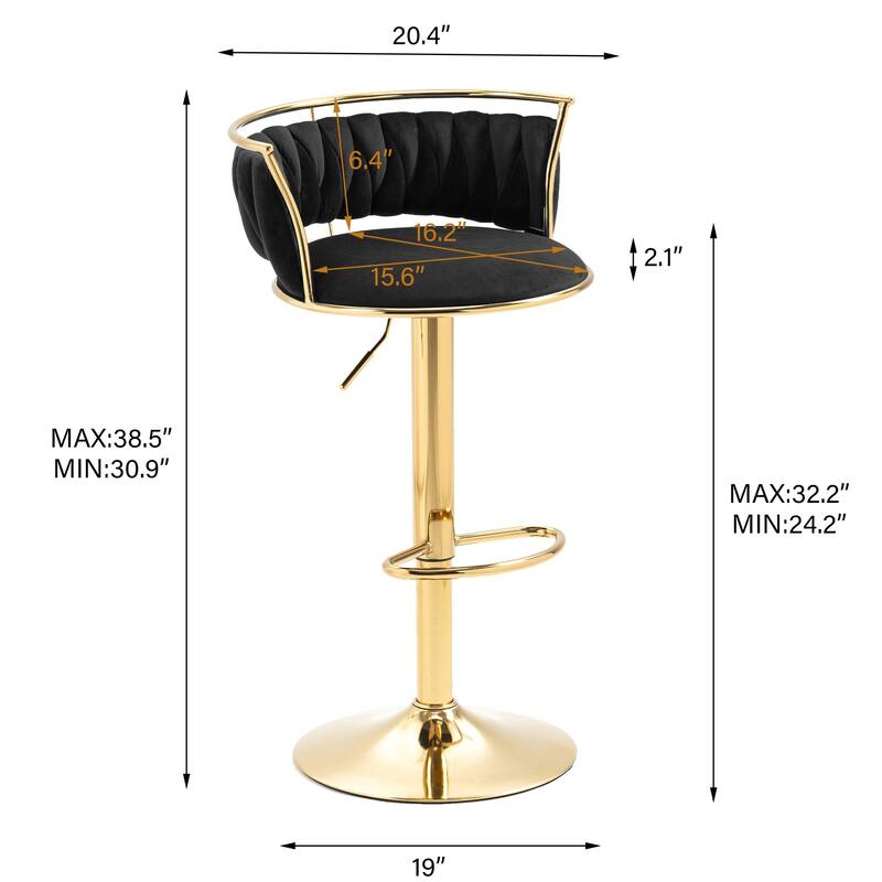 Velvet Upholstered Adjustable Bar Stool Swivel Counter Chair Set of 2