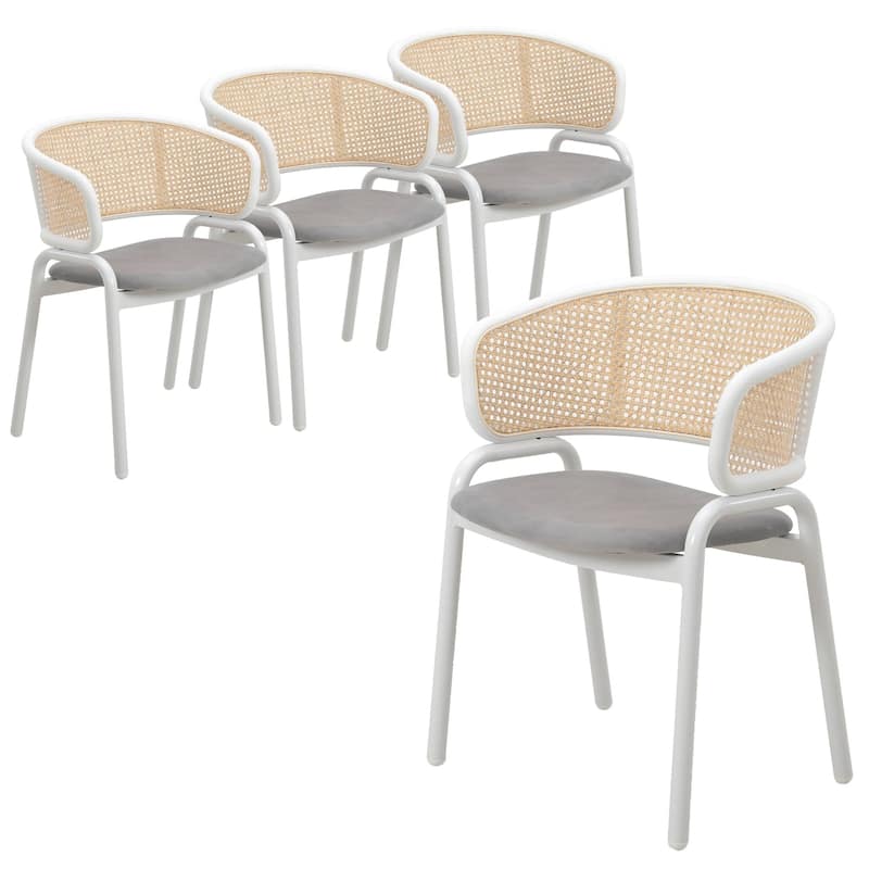 Ervilla Modern Stylish Side Chair with Rattan Back and White Steel Legs for Dining Room & Kitchen, Set of 4 - Grey