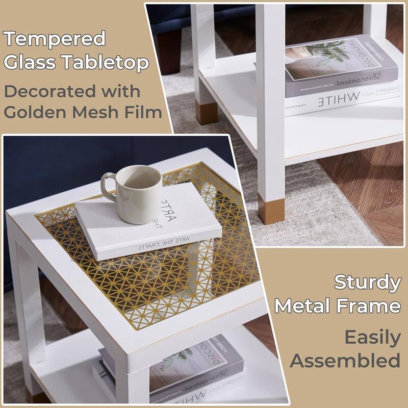 Glass End Table, Modern Style Side Table, Square Table for Living Room, Tempered Glass with Metal Frame, 2-Layer