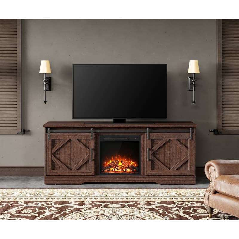 Fireplace TV Stand Farmhouse Sliding Barn Door Entertainment Center