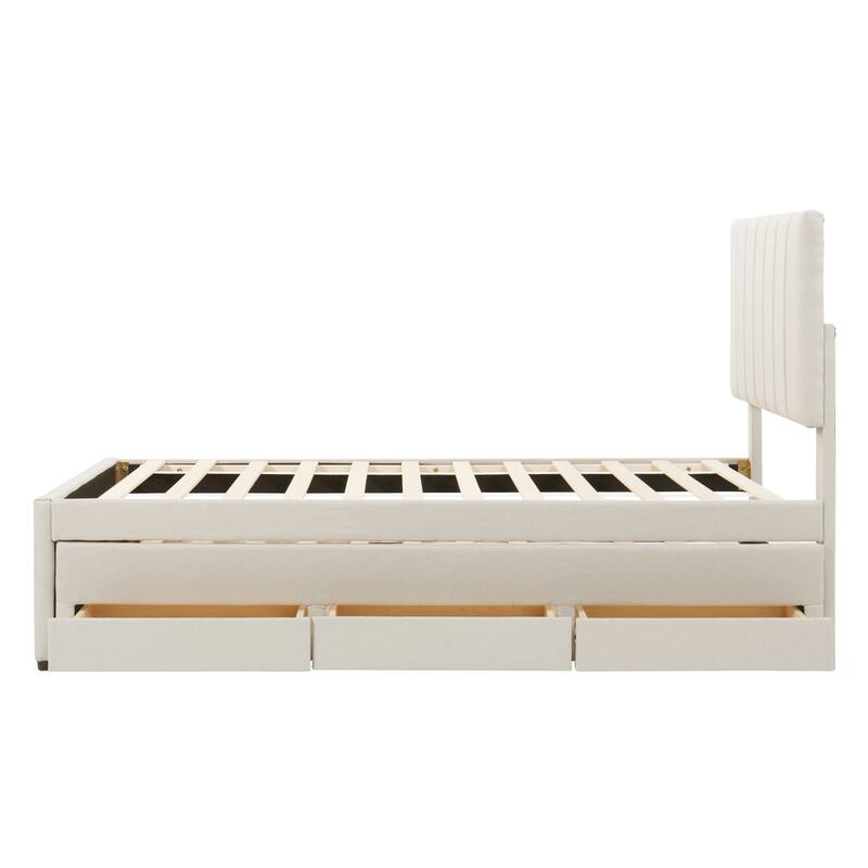 Upholstered Platform Bed Captain Bed with Trundle and 3 Drawers, Vertical Striped Linen Headboard and Footboard Slats Support