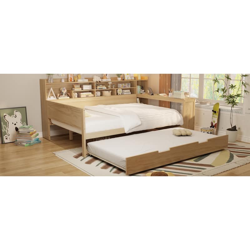 Wooden Full Size Daybed with Storage Shelves, Multi-functional Bed with Twin Size Trundle Bed and Study Desk, Natural