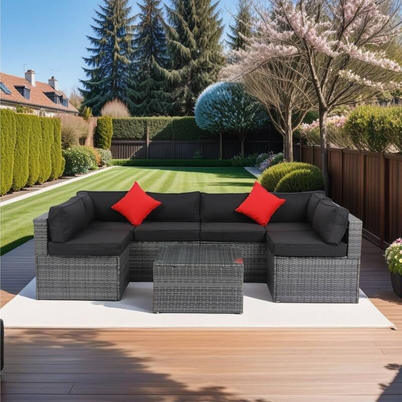 5 Pcs Outdoor Sectional Sofa Set, All-Weather PE Rattan Conversation Furniture Set with Coffee Table and 2 Pillows