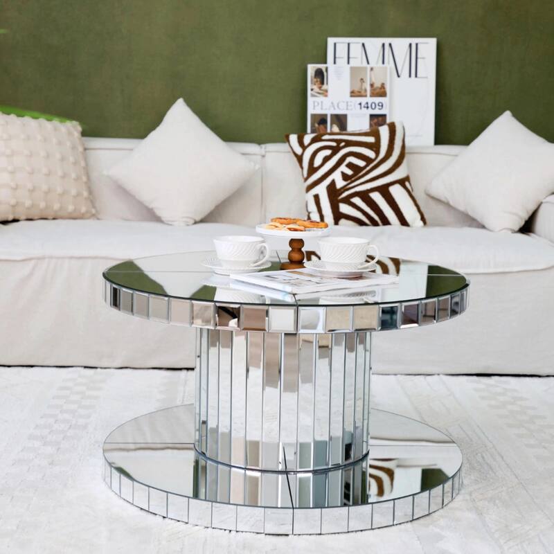 Double-Tier Luxury Round Mirror Coffee & End Table with Fluted Glass - 31.5" Diameter Modern Sofa Side Table