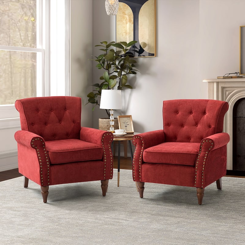 Indiges Comfy Upholstered Accent Armchair with Tufted Back Set of 2 for Bedroom Reading Office - RED