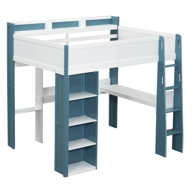 Full Size Wood Loft Bed with Storage, Desk, and Clothes Rail in White and Blue