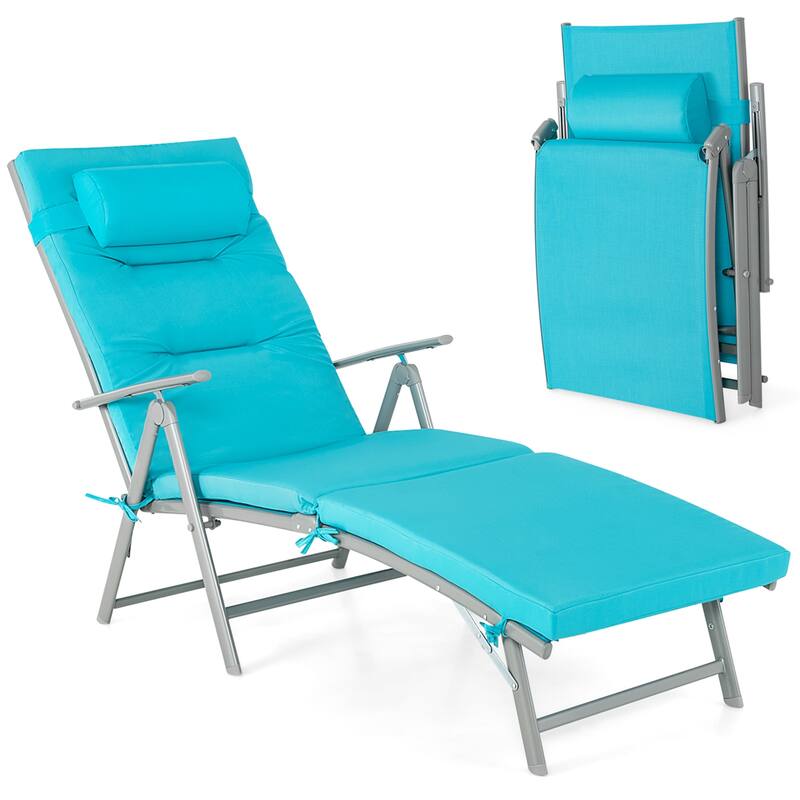 Outdoor Folding Chaise Lounge Chair Adjustable Recliner Cushion Pillow - Turquoise