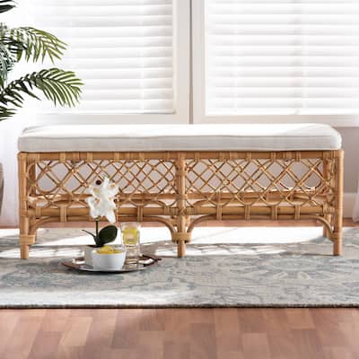 Orchard Bohemian Styled Upholstered Rattan Bench-White/Natural