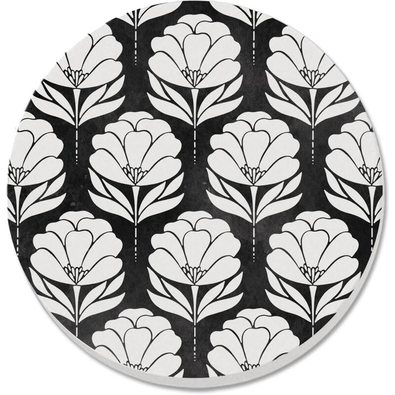 Black & White Floral 4 Pack Absorbent Stone Coaster, Cork Backing Made in The USA 4" Round, Black & White, Wipes Clean - Multi