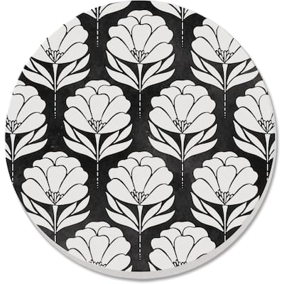 Black & White Floral 4 Pack Absorbent Stone Coaster, Cork Backing Made in The USA 4" Round, Black & White, Wipes Clean