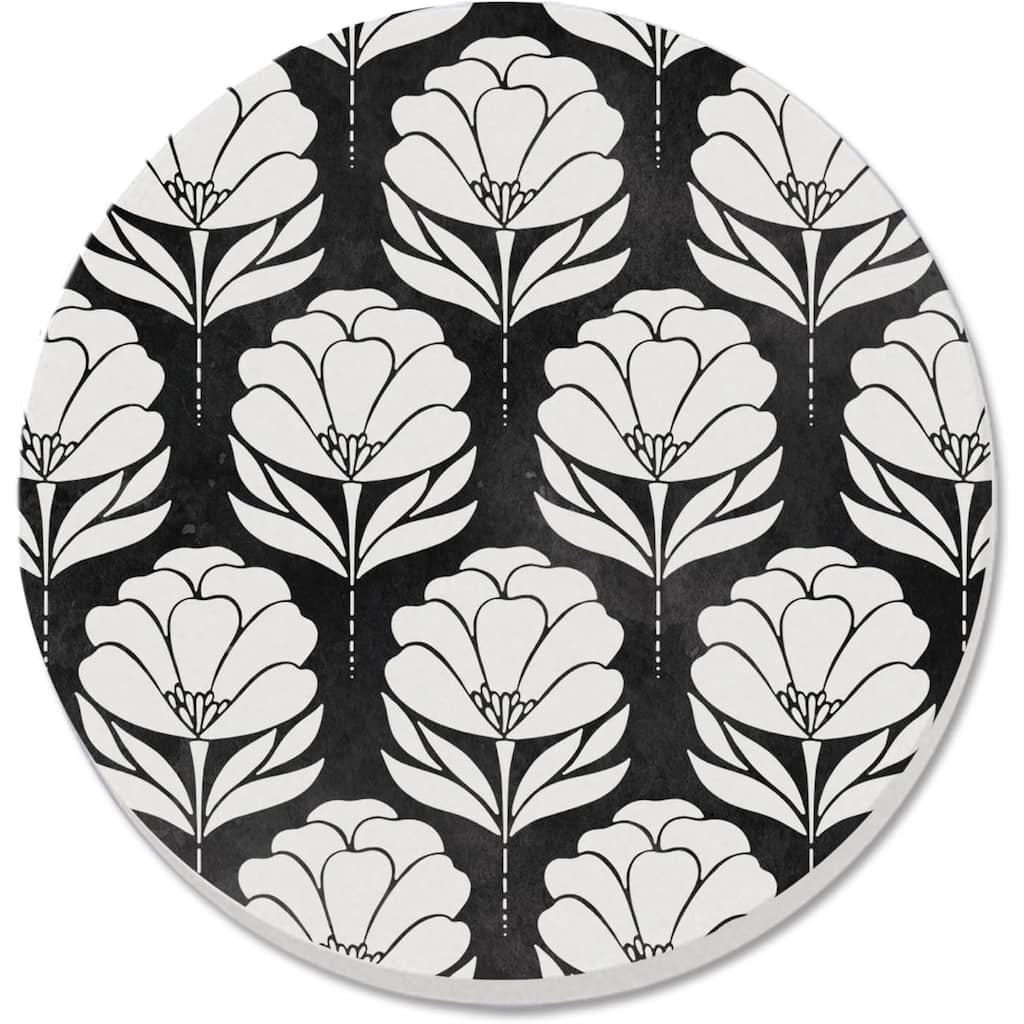 Black & White Floral 4 Pack Absorbent Stone Coaster, Cork Backing Made in The USA 4" Round, Black & White, Wipes Clean