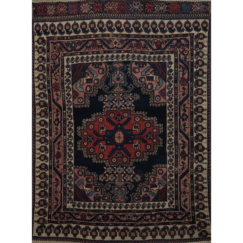 Hand Knotted Oriental 100% Wool Carpet Traditional Geometric Navy Blue & Blues Afshar Area Rug - 3' 10'' X 3' 1''