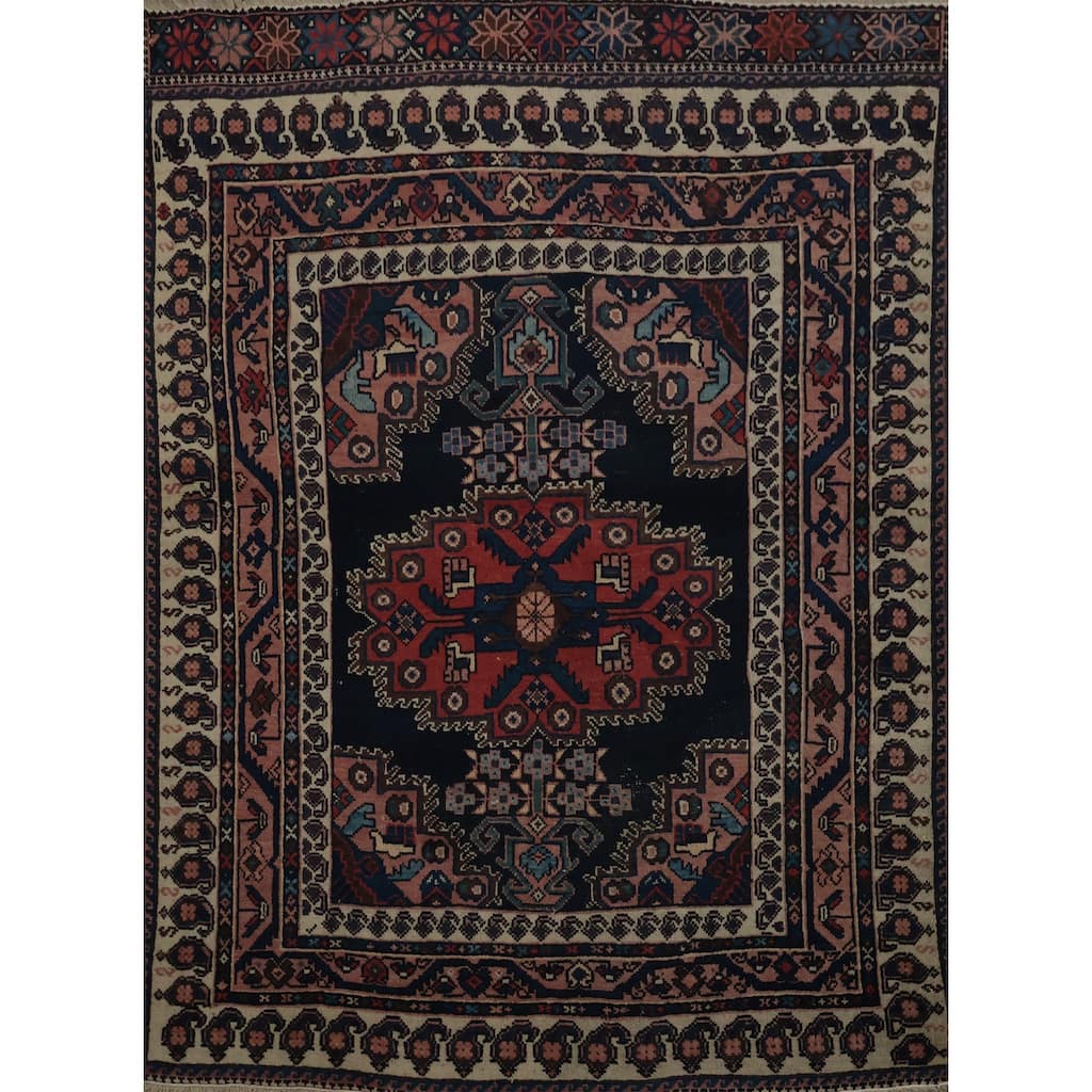 Hand Knotted Oriental 100% Wool Carpet Traditional Geometric Navy Blue & Blues Afshar Area Rug - 3' 10'' X 3' 1''