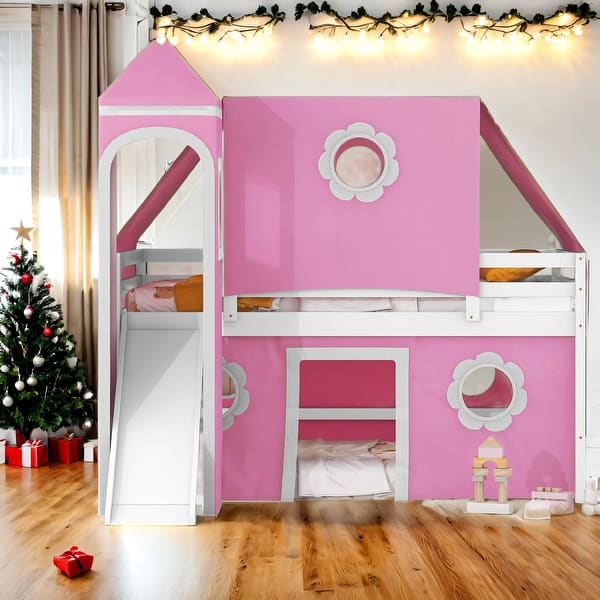 slide 2 of 14, Full Size House Loft Bed with Slide Pink Tent and Tower Pink