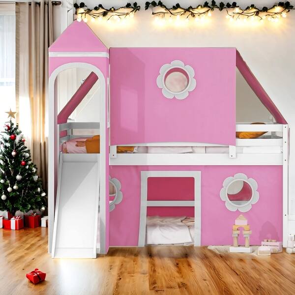 slide 2 of 14, Kid Bed Frame Full Size House Loft Bed with Slide Pink Tent and Tower Pink