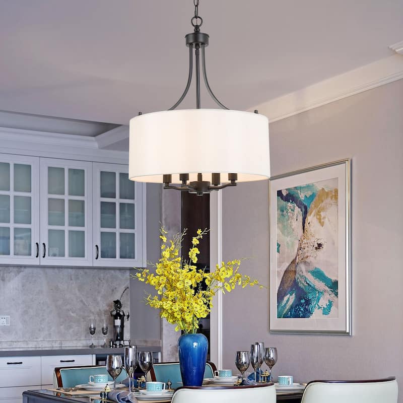 Modern Farmhouse Drum 4-Light Transitional Chandelier with Fabric for Dining room - 16'' L x 16'' W x 21.5'' H
