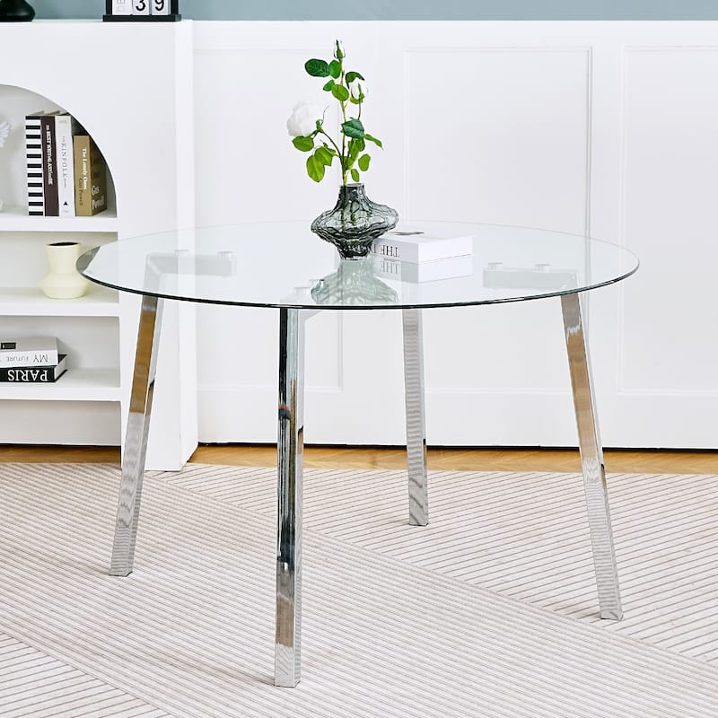 47.2" Round Glass Dining Table Set for 4, Modern 5-Piece Kitchen & Dining Table with 4 PU Chairs for Apartments, Kitchens
