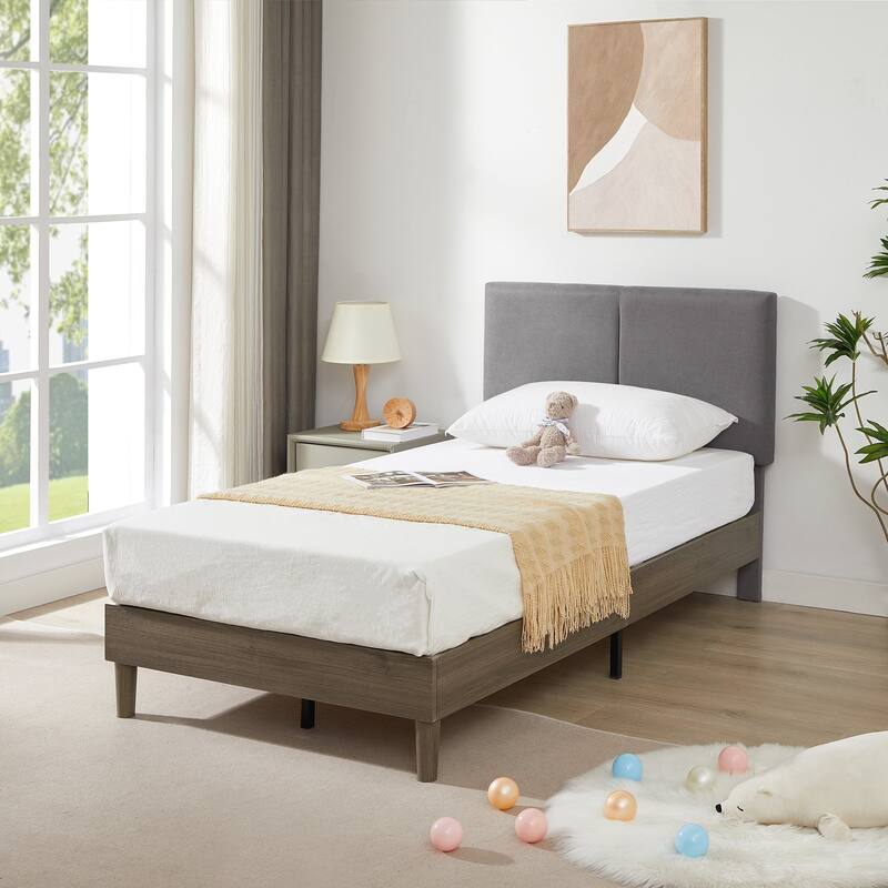 VECELO Wood Frame Upholstered Kids Bed With Headboard,Twin Size Bed Set of 2
