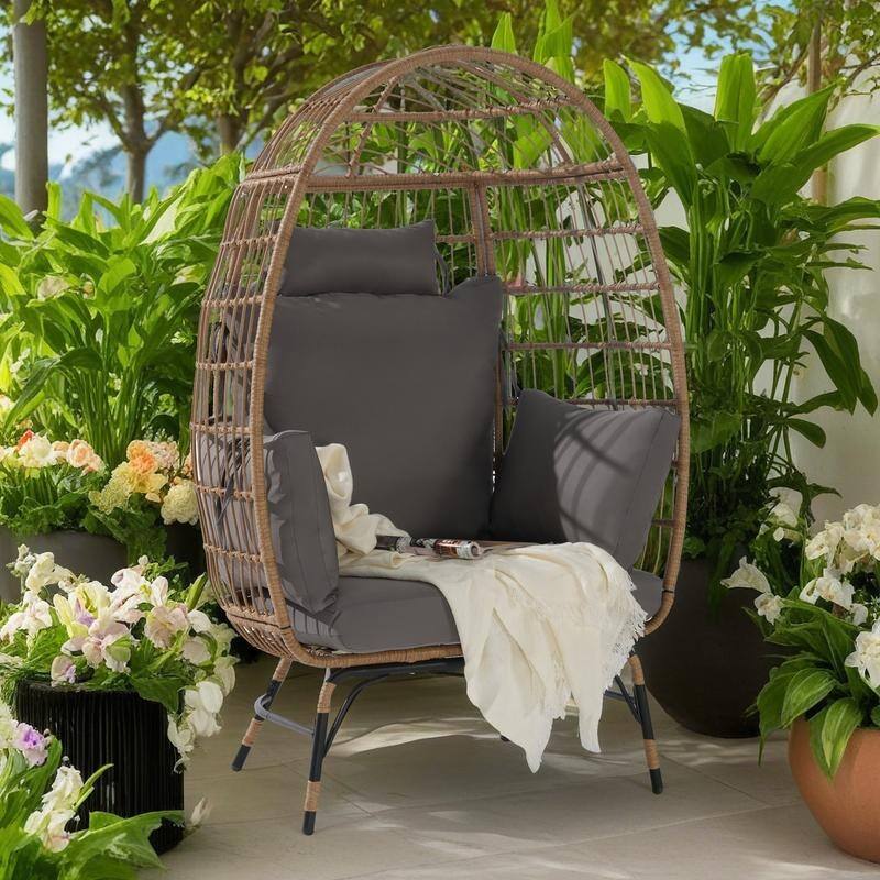Oversized Outdoor Rattan Wicker Egg Chair with Cushions and Pillows - Dark Gray