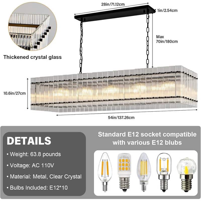 KAYLA 54" 10-Lights Black Luxury Linear Chandelier, Modern Chandelier