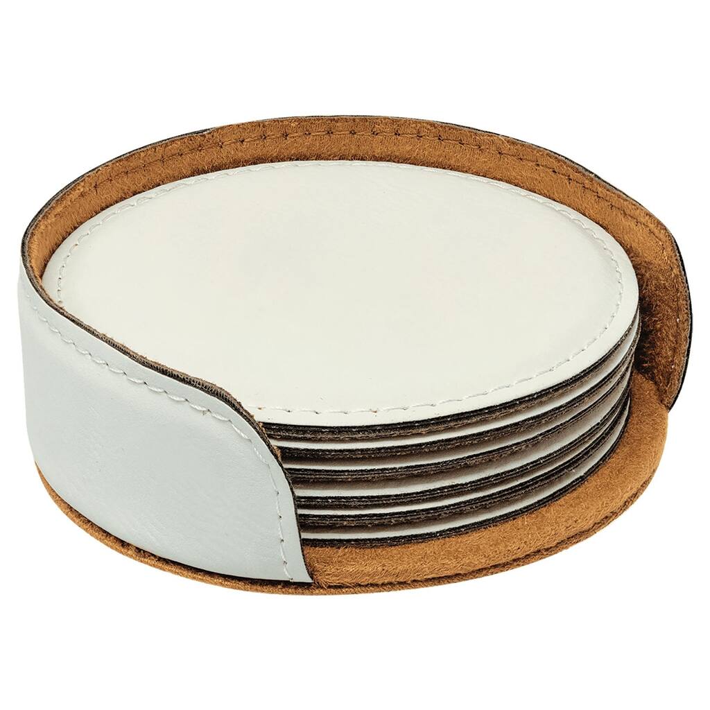 White Vegan Round Leather Coaster - Set of 6 - round white