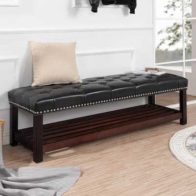 Wooden Upholstered Storage Bench with Shelf for Entryway