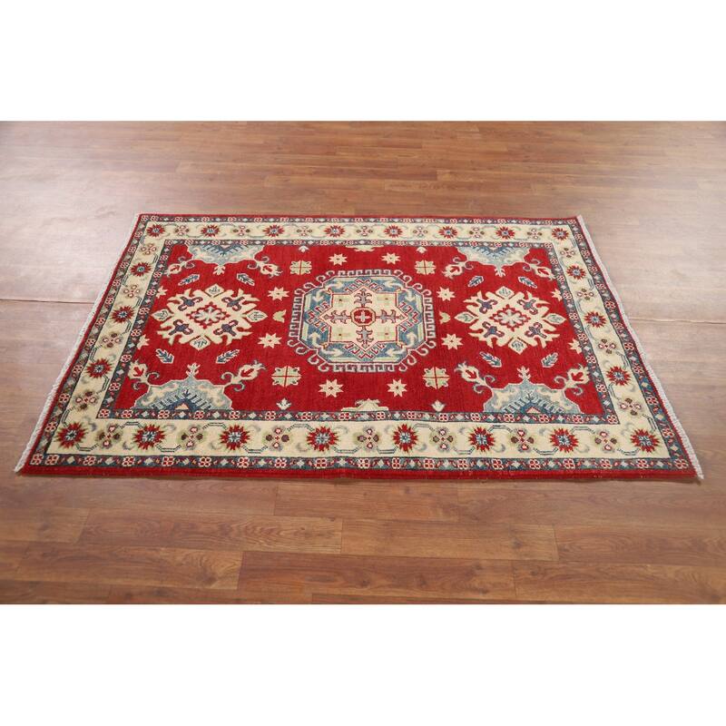 Red Geometric Kazak Rug Hand-Knotted Wool Carpet - 3'5" x 5'0"