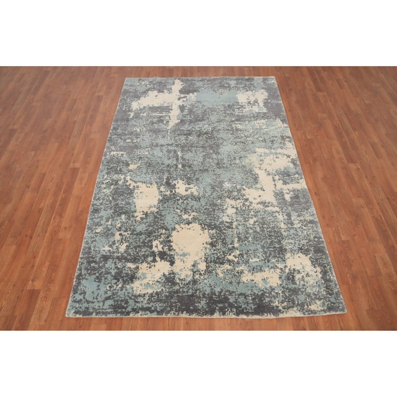 Hand Knotted Oriental Viscose Silk Carpet Modern Abstract Navy Blue & Blues Abstract Area Rug - 8' 1'' X 5' 1''