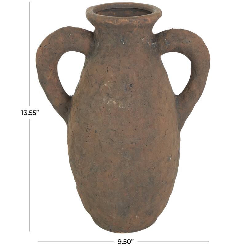Dark Brown Ceramic Handmade Textured Decorative Vase with Wide Rounded Handles