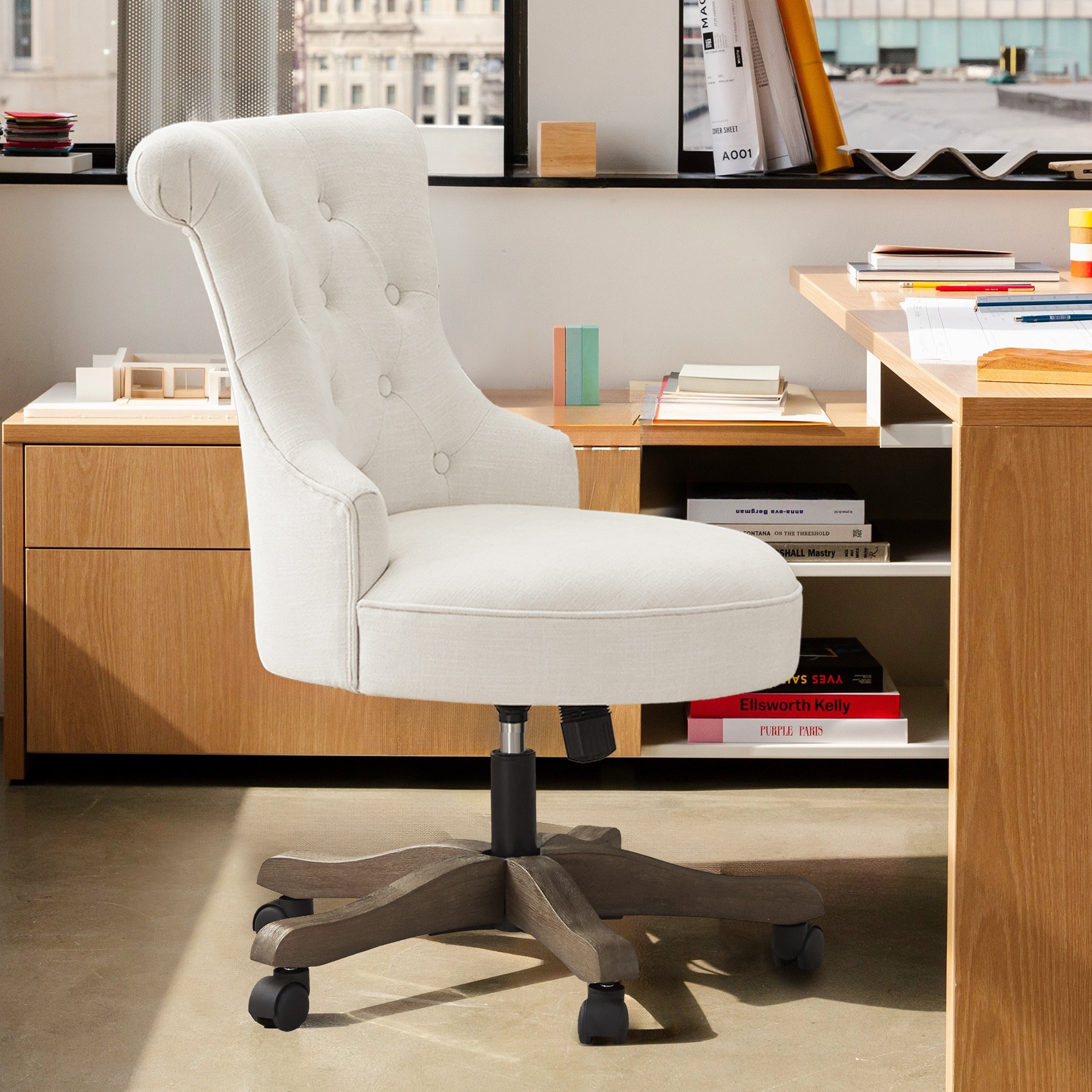 Office Chair with Wheels Adjustable Height Linen Fabric Upholstered Computer Desk Chair Swivel On Sale Bed Bath Beyond 38882490