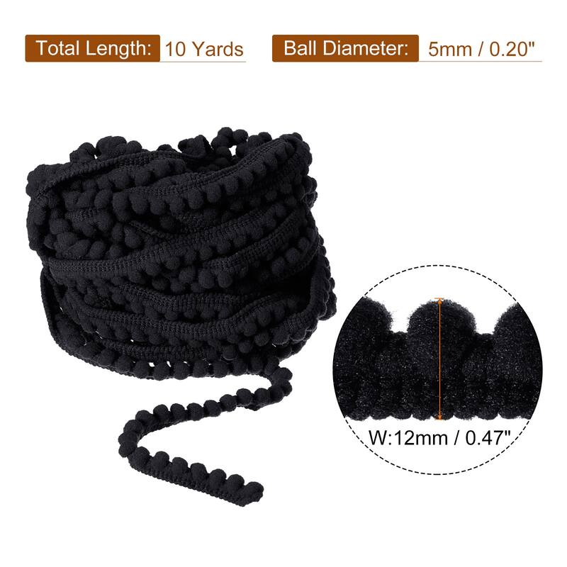 10 Yards Pom Pom Ball Fringe Trim Ribbon Sewing Trim DIY Crafts, 5mm - Black
