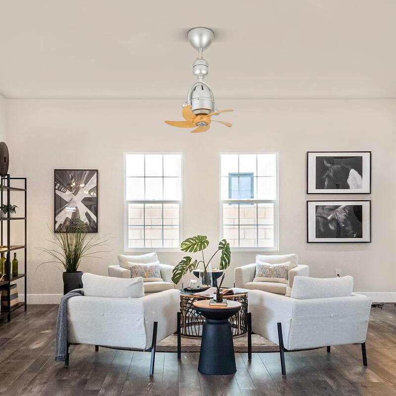 5-Speed 5-Blade Mid-Century Modern Silver Metal & Natural Wood-Tone Plastic Ceiling Fan with Remote for Living Room