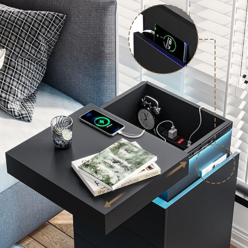 Bedroom Nightstand Charging Station LED Lights Sliding Top 3 Drawers
