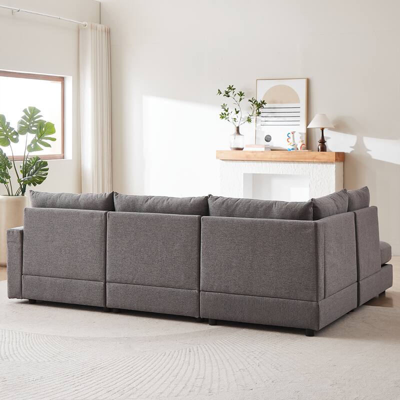 100.2" Linen L-Shaped Sectional Sofa with Ottoman & Lumbar Pillows