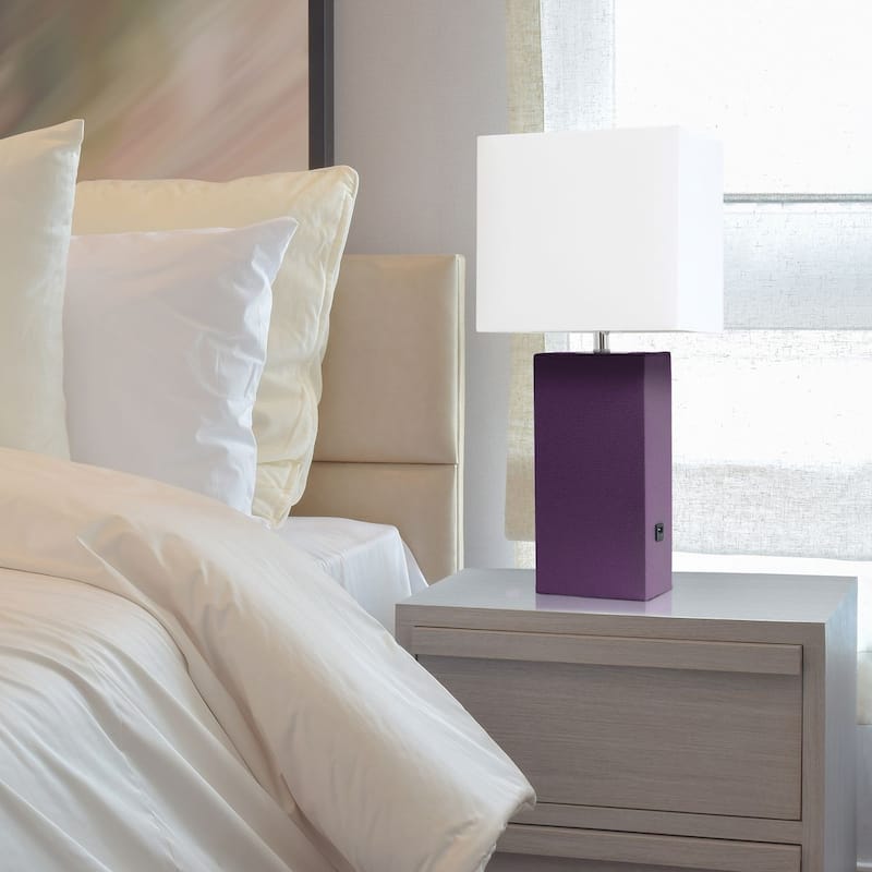 Modern Leather Table Lamp with USB and White Fabric Shade