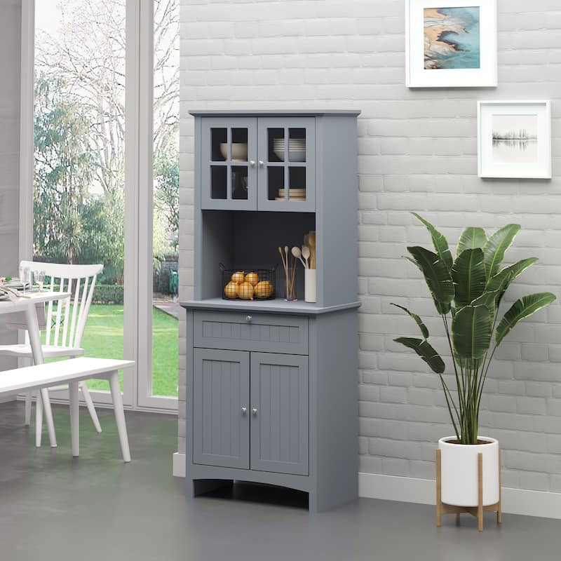 HOMCOM Kitchen Buffet Hutch Wooden Storage Cupboard with Framed Glass Door, Drawer and Microwave Space - 27"x15.75"x64.5" - Grey
