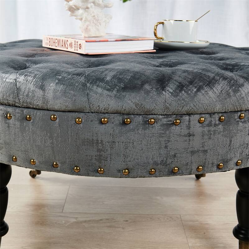 Round Velvet Tufted Coffee Table Ottoman, 34" x 34" x 17" H