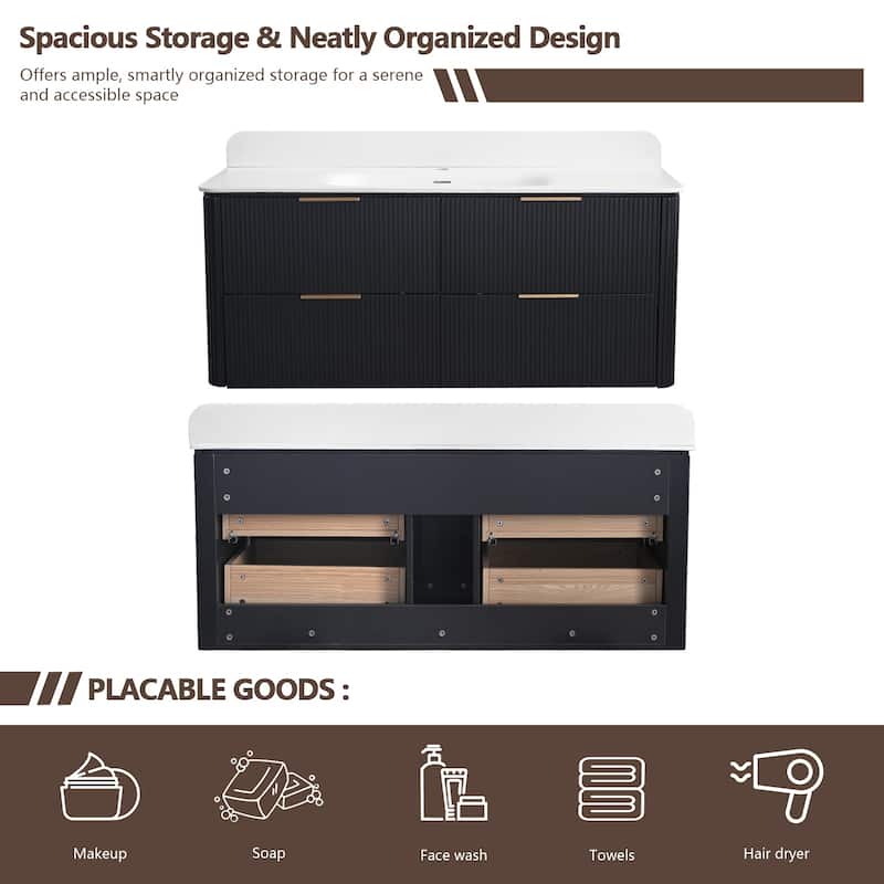 48" Floating Bathroom Vanity with Integrated countertop Rectangulare Sink Solid Wood - 48 inch