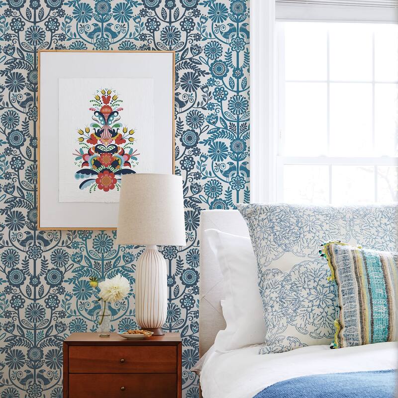 A-Street Prints Lovebirds Navy Folk Stripe Wallpaper