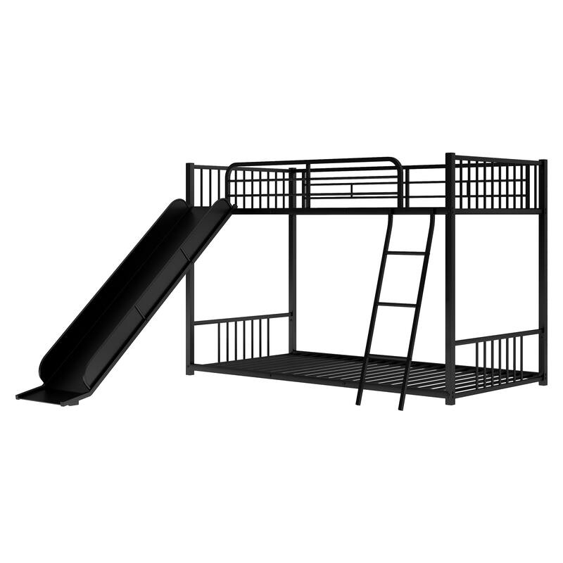 Twin Over Twin Bunk Beds w/Built-in Ladder, Metal Frame Twin Over Twin Bedframe with Slide & Guardrail, No Box Spring Needed