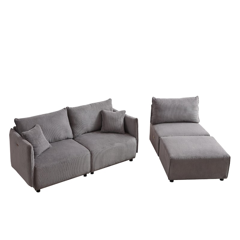 Grey 106" Corduroy 3-Seater Sectional Sofa with 2 Cushions and USB Charging Ports