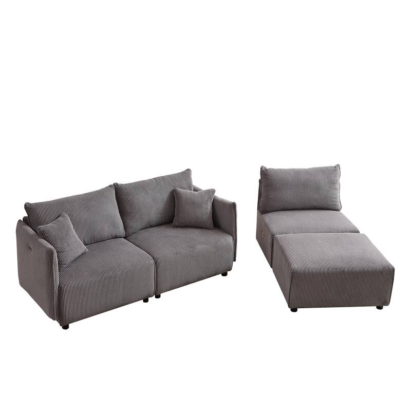 Modular Sectional Sofa with Chaise Lounge, Corduroy Upholstered 4 Seater Sofa, Corner Sofa with 2 Cushions & USB Charging Ports