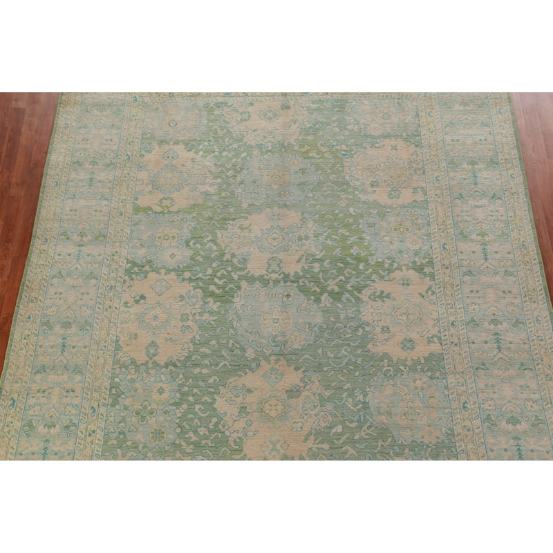 Hand Knotted Oriental 100% Wool Carpet Transitional All-Over Green Oushak Area Rug - 11' 10'' X 9' 0''
