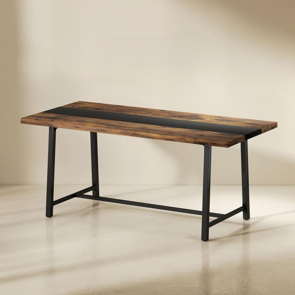Long Dining Table with Wood Grain Top, Wood Kitchen Table with Steel Legs, Large Meeting Table for 6-8 People