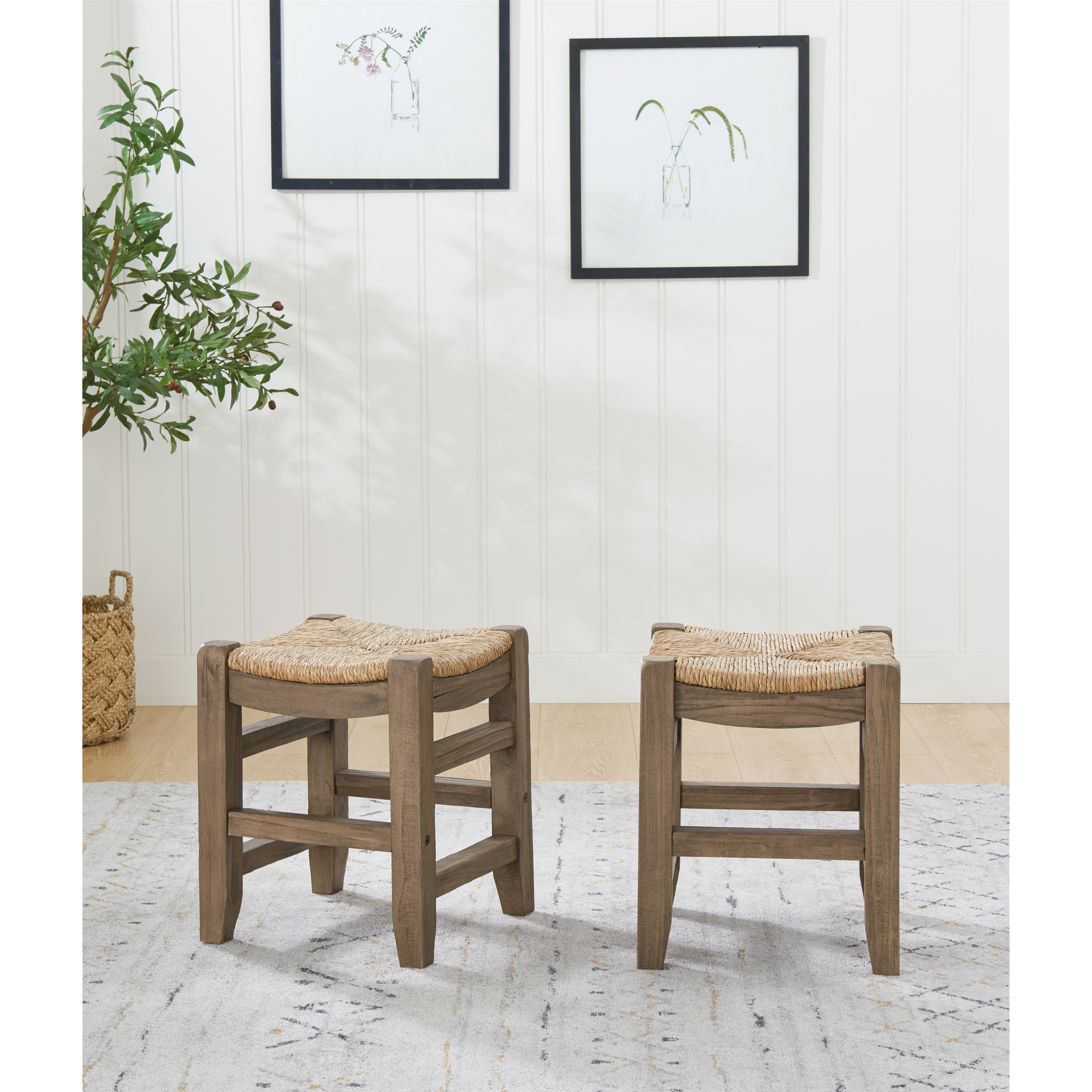 The Gray Barn Enchanted Acre 18 inch Wood Stools with Rush Seats