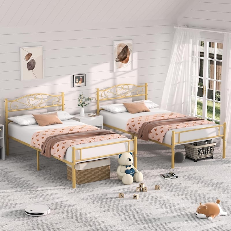 VECELO Twin Metal Platform Bed Frame 2-Pack, Heavy Duty Steel Slat Support, No Box Spring, Storage Space, Easy Assembly