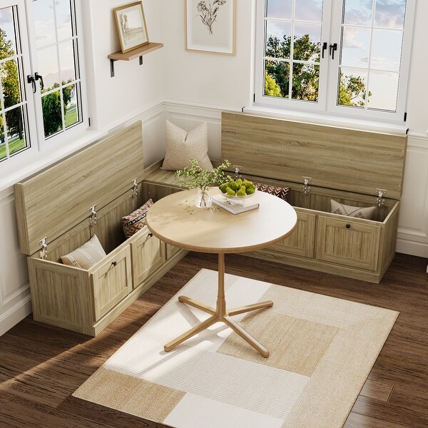 Oak L-Shaped Storage Bench Seat, Hidden Flip-Up Storage, Space