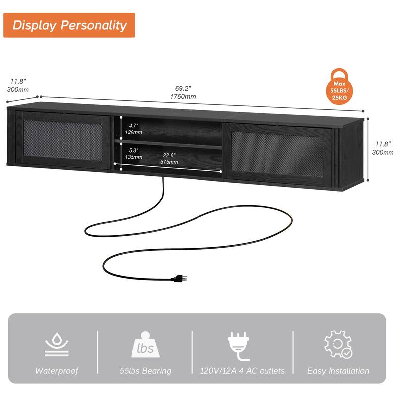 WAMPAT Floating TV Stand Shelf with Power Outlet and 2 Rattan Doors