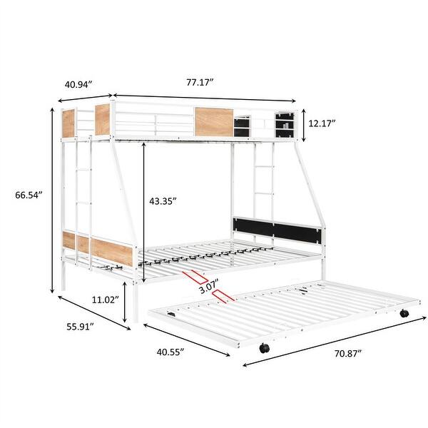 dimension image slide 0 of 2, Modern Heavy-duty Sturdy Metal Twin over Full Bunk Bed with Trundle Bed, Safety Guardrail and Wooden Decoration