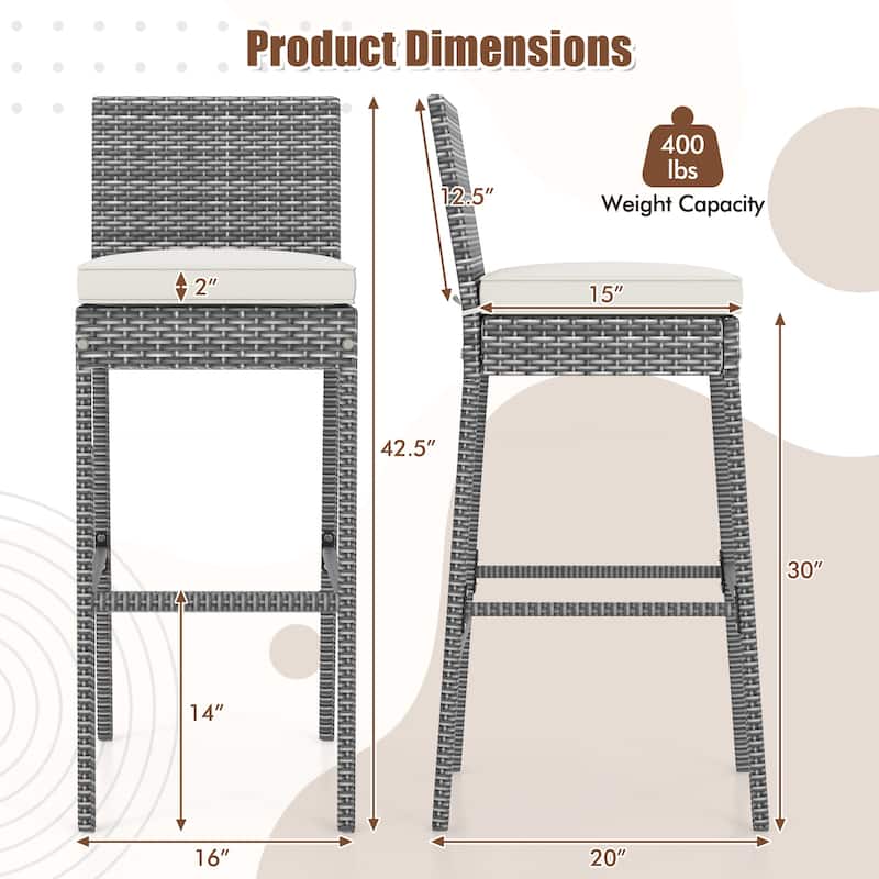 Patio Wicker Barstools with Soft Seat Cushion and Cozy Footrest Perfect for Use Pool or Backyard - 20" x 16" x 42.5"
